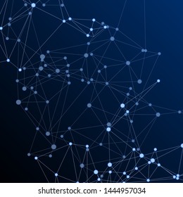 Geometric plexus structure cybernetic concept. Network nodes plexus dark blue background. Fractal hub nodes connected by lines. Coordinates structure grid shape vector. Molecule, atoms or neurons.