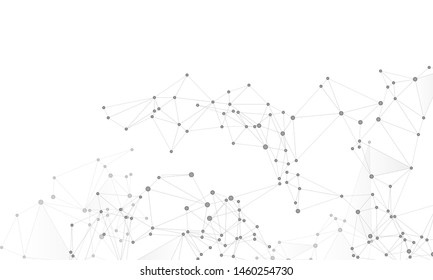 Geometric plexus structure cybernetic concept. Network nodes greyscale plexus background. Linked dot nodes and lines low poly. Coordinates structure grid shape vector. Gene manipulation concept.