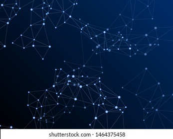Geometric plexus structure cybernetic concept. Network nodes plexus dark blue background. 