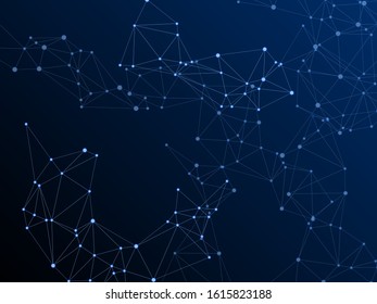 Geometric plexus structure cybernetic concept. Network nodes plexus dark blue background. Coordinates structure grid shape vector. Fractal hub nodes connected by lines. Information technology design.