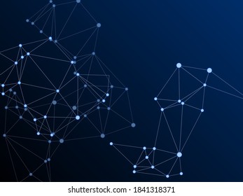 Geometric plexus structure cybernetic concept. Network nodes plexus dark blue background. Fractal hub nodes connected by lines. Coordinates structure grid shape vector. Bionic ai innovations graphics.