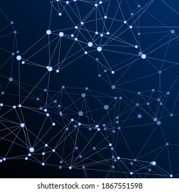 Geometric plexus structure cybernetic concept. Network nodes plexus dark blue background. Virtual reality polygin design. Coordinates structure grid shape vector. Circle nodes and line elements.