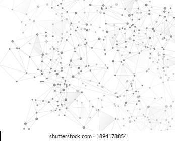 Geometric plexus structure cybernetic concept. Network nodes greyscale plexus background. Fractal hub nodes connected by lines. Molecular biology backdrop. Coordinates structure grid shape vector.