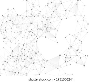 Geometric plexus structure cybernetic concept. Network nodes greyscale plexus background. Circle nodes and line elements. Coordinates structure grid shape vector. Biotechnology backdrop design.