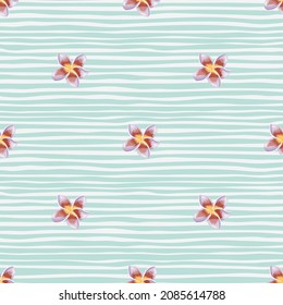 Geometric plumeria flower seamless pattern on green stripe background. Abstract botanical backdrop. Exotic tropical wallpaper. Design for fabric , textile print, wrapping, cover. Vector illustration.