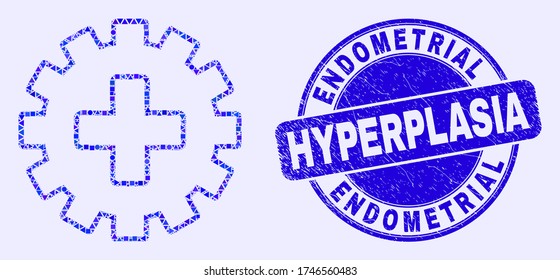 Geometric plus gear mosaic icon and Endometrial Hyperplasia stamp. Blue vector round distress seal stamp with Endometrial Hyperplasia title. Abstract mosaic of plus gear done of spheric, triangles,