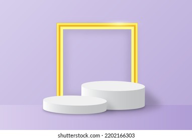 Geometric podium platform with golden frame. Commercial pedestal in purple pastel background.