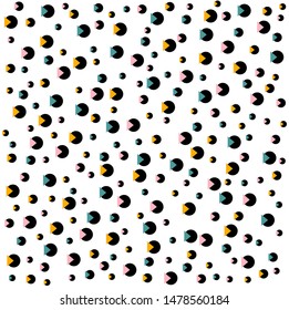 Geometric polka dot type vector design. Random black circles with different color triangles on top. Resembles retro computer games.