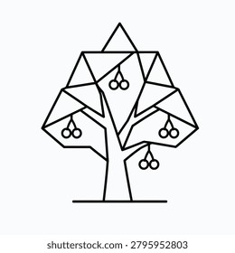 Geometric polygon fruit tree line icon, modern black and white vector illustration of low poly cherry tree with berries.