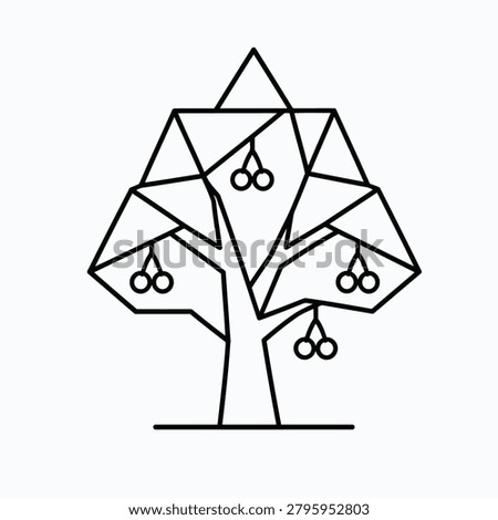 Geometric polygon fruit tree line icon, modern black and white vector illustration of low poly cherry tree with berries.