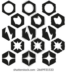 Formas de polígono geométrico. Name Formas vetoriais hexágonos. Ilustração de estrela abstrata. Padrão preto decorativo. EPS 10.