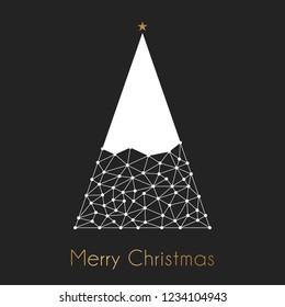 Geometric Polygon Style Christmas Tree With White Connection Lines And Merry Christmas Text In Gold Color. Technology Merry Christmas Vector Illustration