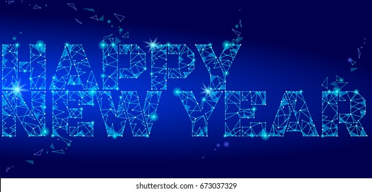 Geometric polygonal 2018 New Year Greeting card. Low poly triangle future technology dark blue background. Corporate business design vector illustration