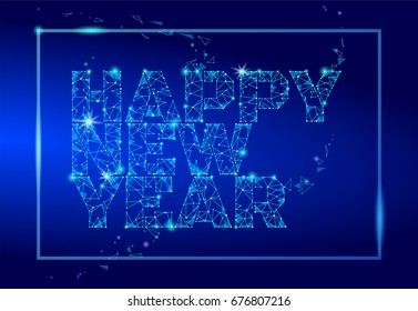 Geometric polygonal 2018 New Year Greeting card. Low poly triangle future technology dark blue background.  
