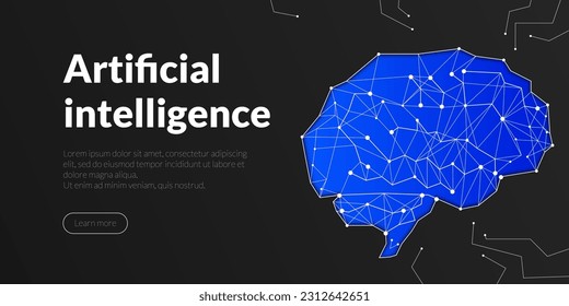 Geometric polygonal brain with triangles and polygons, representing technology, web. Symbol of artificial intelligence, robotics, coding and machine learning for a website, graphic design or banner
