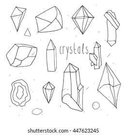 Geometric polygonal crystals in mono line hand draw style isolated on white background. 
