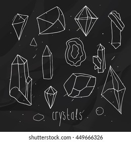 Geometric polygonal crystals in mono line hand draw style on a black textured background. 