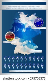 Geometric polygonal design illustrations set of:  Germany map, EU and Germany flags and navigation icons.  