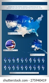 Geometric polygonal design illustrations set of:  USA map and USA flag, Alaska map and navigation icons.  