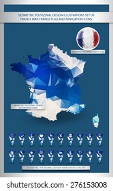 Geometric polygonal design illustrations set of: France map, France flag and navigation icons.  