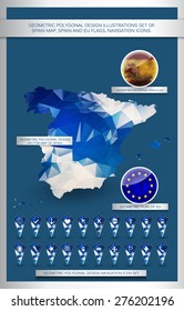 Geometric polygonal design illustrations set of: Spain map, Spain and EU flags, navigation icons.  