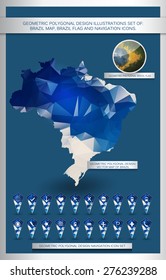 Geometric polygonal design illustrations set of: Brazil map, Brazil flag and navigation icons.  