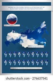 Geometric polygonal design illustrations set of: Russia map, Russia flag and navigation icons.  