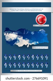 Geometric polygonal design illustrations set of: Turkey map, Turkey flag and navigation icons.  