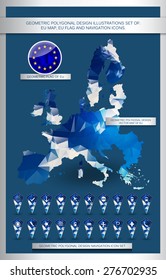 Geometric polygonal design illustrations set of: EU map, EU flag and navigation icons.  