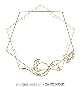Geometric polygonal frame with botanical corner. Elegant decorative border for wedding invitations