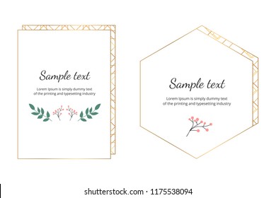 Geometric polygonal frames with golden lines, triangles, hexagon and leaves. Botanical design templates for wedding, invitation, save the date, banner, poster, card, placard, flyer, invite, greeting
