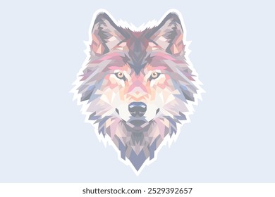 Geometric polygonal illustration of a wolf's head, featuring sharp angles and a blend of pastel hues. The design highlights the wolf's piercing gaze and symmetrical structure on a light background.