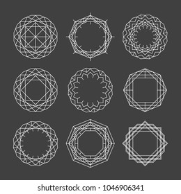 Geometrische, polygonale lineare Kreisformen. Runde Strukturen, orientalische islamische Kreismuster gesetzt. Vektorillustration.