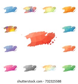 A geometric polygonal, mosaic style island maps collection. Bright abstract tessellation, low poly style, modern design for infographics or presentations.