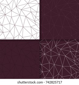 Geometric polygonal ornaments. Set of maroon seamless patterns for textile, paper, wallpapers and fabrics.