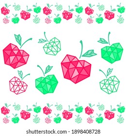 Geometric polygonal and outline fruit. Red and green apples with a leaf on a white background. Vector seamless border, horizontal pattern for packaging, wrapper, flyer, printing on tape, ribbon, menu