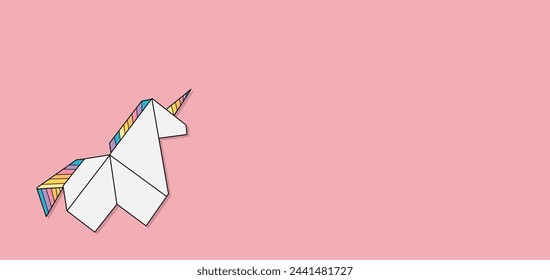 Geometric polygonal paper origami unicorn illustration. Fairytale horse character. Flat vector print, magical kingdom. Empty space