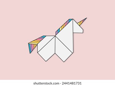 Ilustración geométrica de papel poligonal origami unicornio. Carácter de caballo de cuento. Impresión vectorial plana, reino mágico