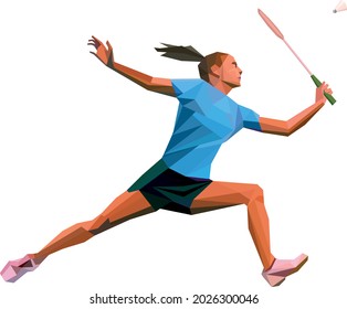 Geometric polygonal professional female badminton player isolated on white background