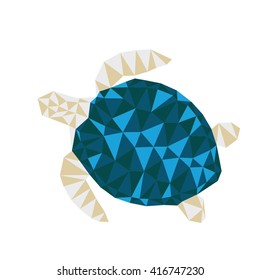 The geometric polygonal sea turtle (illustration many triangles) on a white background. Vector.