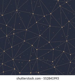 Geometric polygonal seamless backgrounds. Gold pattern and dots on a black background. Vector illustration.