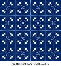 Geometric polygonal seamless pattern. Complicated texture background. Rhombus and squares blocks ornament. Diamond grid square tile. Classic blue, white design for web, textile, etc.