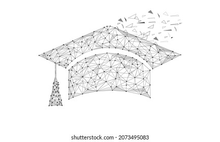 Geometric polygonal shape black vector of Graduation Cap. Consisting of points, lines, and low poly shapes in the form of design on white background.