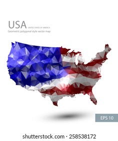 Geometric polygonal style vector map of the USA. USA flag overlay on USA map with geometric polygonal design.