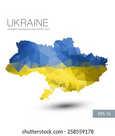 Geometric polygonal style vector map of Ukraine without Crimea. Abstract Ukraine flag overlay on Ukraine map with geometric polygonal design.