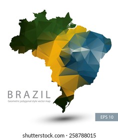 Geometric polygonal style vector map of Brazil. Brazil flag overlay on Brazil map with geometric polygonal.