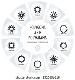 the Geometric Polygons and polygrams collection. Non expanded vector stroke. Sacred geometry imagery. Philosophy, spirituality, alchemy and religion graphic elements.