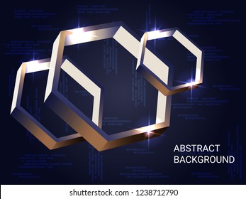 Geometric polygons sparkle on the background. 3D vector illustration . Futuristic geometric background. Abstract composition. Bronze three-dimensional  geometric polygon in space.