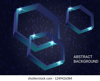 Geometric polygons sparkle on the background. Creative geometric background. Abstract composition. 3D vector illustration . Blue three-dimensional  geometric polygon in space.