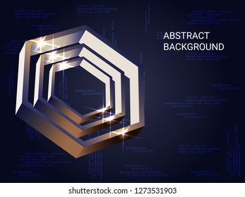 Geometric polygons sparkle on the background. Minimal geometric background. Abstract composition. 3D vector illustration . Bronze three-dimensional  geometric polygon in space.